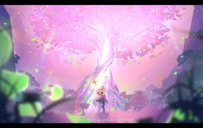 1girl allenerie artist_name bangs blurry blurry_foreground cherry_blossoms dress genshin_impact green_eyes hair_ornament highres letterboxed long_hair nahida_(genshin_impact) sleeveless sleeveless_dress solo tree white_hair wind