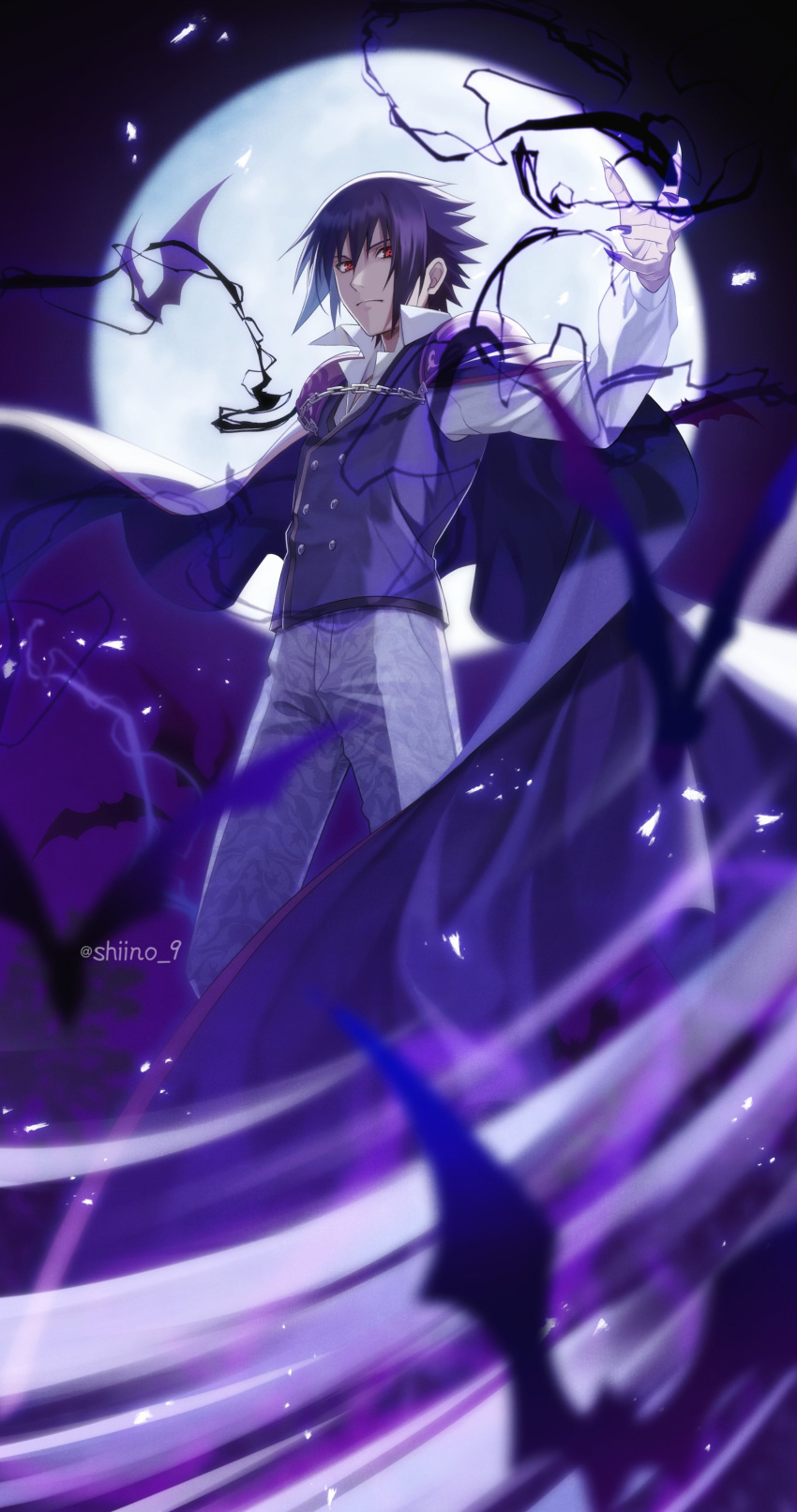 1boy absurdres alternate_costume bat_(animal) blue_cape blue_hair blue_nails blurry blurry_foreground cape chain claws closed_mouth collared_shirt fingernails full_body full_moon grey_pants hair_between_eyes halloween highres long_fingernails looking_at_viewer male_focus moon naruto_(series) open_collar pants print_pants red_eyes sharingan sharp_fingernails shiino_9 shirt short_hair solo spiky_hair twitter_username two-sided_cape two-sided_fabric uchiha_sasuke vampire waistcoat white_cape white_shirt