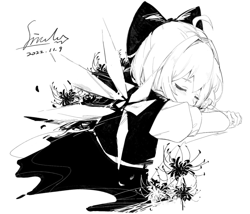 1girl ahoge artist_name blush bow cirno closed_mouth dated dress fairy flower greyscale hair_bow ice ice_wings monochrome shirt short_hair short_sleeves signature simple_background siyumu solo touhou white_background wings