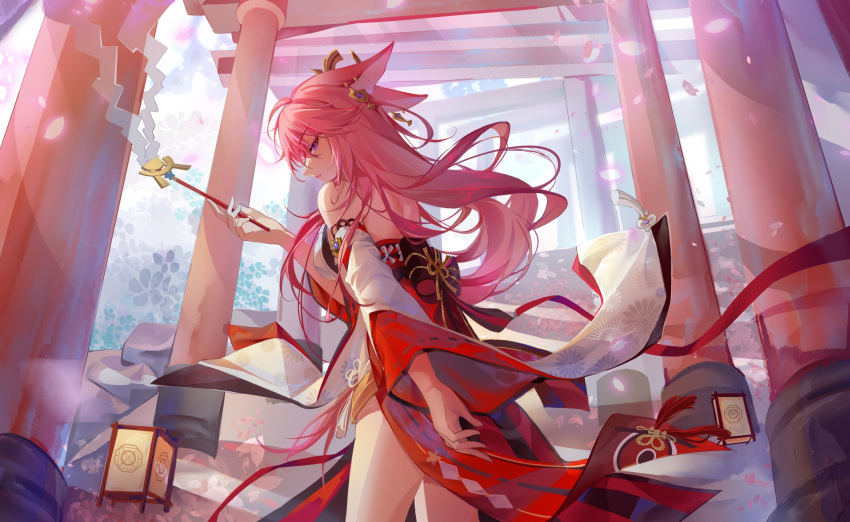 1girl animal_ears back bangs cherry_blossoms earrings eyebrows_hidden_by_hair falling_petals fox_ears fox_girl genshin_impact highres japanese_clothes jewelry lantern light long_hair looking_at_viewer looking_back miko petals pink_hair ribbon shrine solo torii violet_eyes yae_miko yin01582942