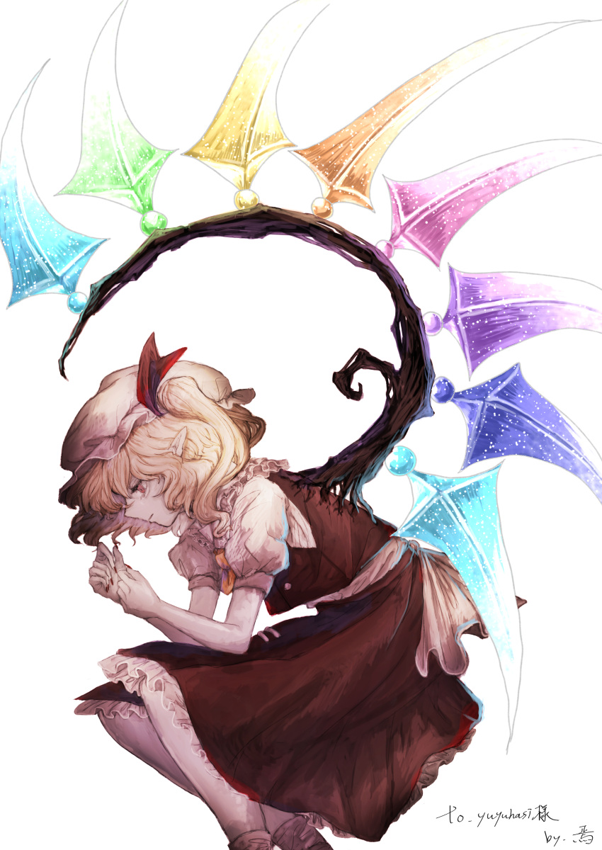 1girl absurdres ascot bangs blonde_hair bow commentary_request crystal flandre_scarlet fleuriste frilled_shirt frilled_shirt_collar frilled_skirt frilled_sleeves frills hat hat_bow hat_ribbon highres medium_hair mob_cap nail_polish one_side_up pointy_ears puffy_short_sleeves puffy_sleeves red_bow red_eyes red_nails red_ribbon red_skirt red_vest ribbon shirt short_sleeves side_ponytail simple_background skirt skirt_set solo squatting touhou vest white_background white_shirt wings yellow_ascot
