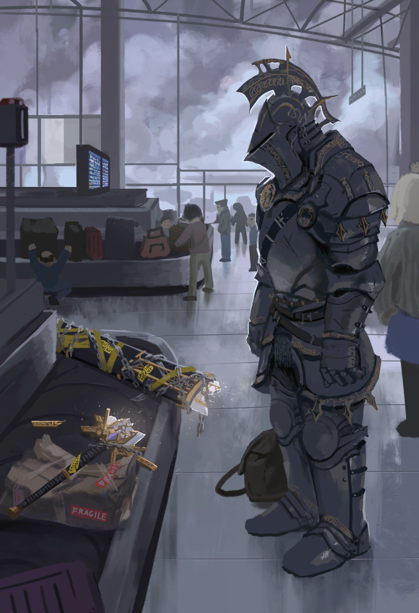 absurdres airport armor bag billowypillow broken broken_weapon chain clouds cloudy_sky conveyor_belt from_behind from_side full_armor helmet highres indoors knight luggage original package sheath sky strap sword tape terminal truth weapon