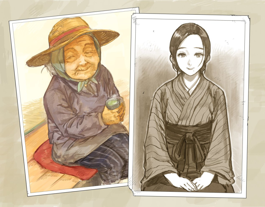 age_progression commentary_request cup grey_hair hakama hat hiro_(chumo) japanese_clothes mole mole_under_eye old old_woman original photo_(object) pillow sitting steam sun_hat tea