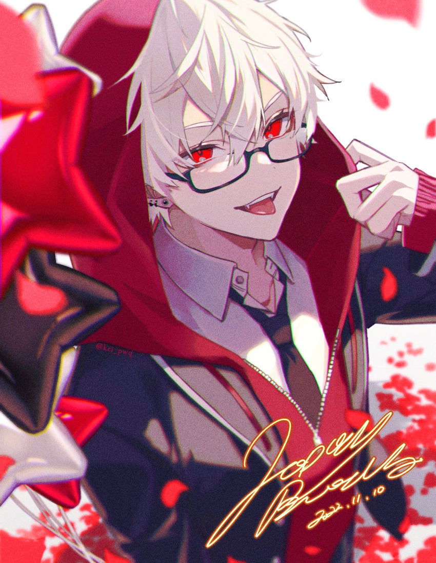 1boy :p bangs black_jacket black_necktie blurry blurry_foreground collared_shirt commentary dated depth_of_field ear_piercing earrings fangs fujikiri_yana glasses hair_between_eyes hand_up highres hood hood_up hooded_jacket jacket jewelry kuzuha_(nijisanji) long_sleeves looking_at_viewer male_focus necktie nijisanji open_clothes open_jacket parted_lips petals piercing pointy_ears red_eyes red_jacket shirt sleeves_past_wrists smile solo star_balloon stud_earrings tongue tongue_out twitter_username upper_body virtual_youtuber white_background white_hair white_shirt