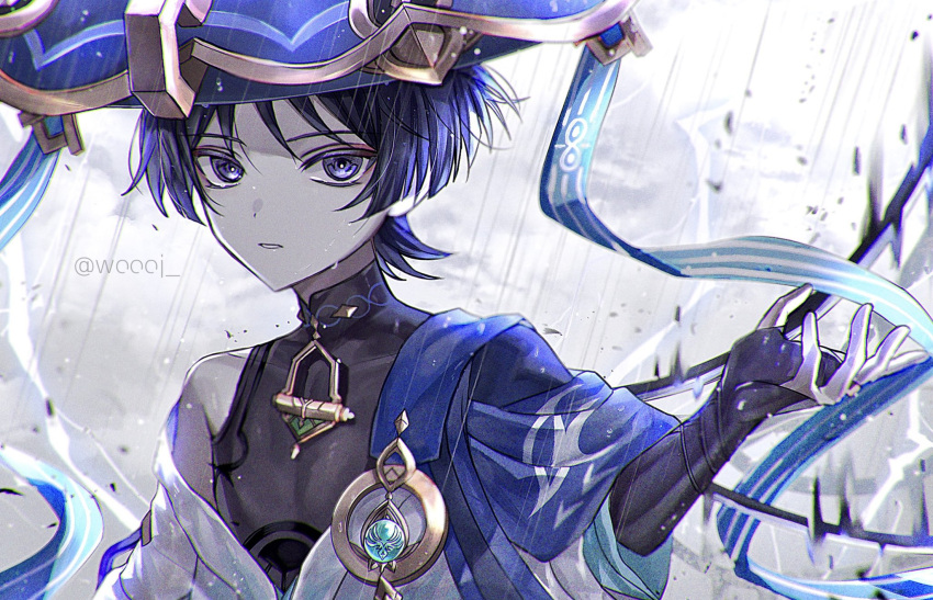 1boy artist_name bangs bare_shoulders black_hair black_shirt blue_headwear blue_ribbon blunt_ends bridal_gauntlets clouds cloudy_sky collarbone commentary_request covered_collarbone eyeshadow genshin_impact gold_trim hand_up hat highres jacket japanese_clothes jingasa lightning looking_at_viewer makeup male_focus official_art outdoors parted_bangs parted_lips rain red_eyeshadow ribbon scaramouche_(genshin_impact) shirt short_hair short_sleeves sidelocks sky sleeveless sleeveless_shirt solo storm twitter_username upper_body violet_eyes vision_(genshin_impact) wanderer_(genshin_impact) wet white_jacket wide_sleeves woooi