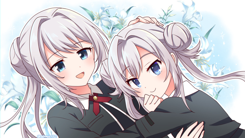 2girls :d bangs black_jacket blue_background blue_eyes blush clenched_hand closed_mouth collared_jacket cropped_jacket cross_tie daitou_academy_school_uniform dot_nose double_bun flower hair_between_eyes hair_bun hair_intakes hand_on_another's_chest hand_on_another's_head hand_on_own_chin hand_up headpat highres jacket layered_sleeves long_hair long_sleeves looking_at_another looking_at_viewer magia_record:_mahou_shoujo_madoka_magica_gaiden mahou_shoujo_madoka_magica momo_tomato multiple_girls necktie open_mouth outline ponytail red_necktie school_uniform short_over_long_sleeves short_sleeves siblings sidelocks silver_hair single_hair_bun sisters smile swept_bangs twintails white_flower white_outline yakumo_mikage yakumo_mitama