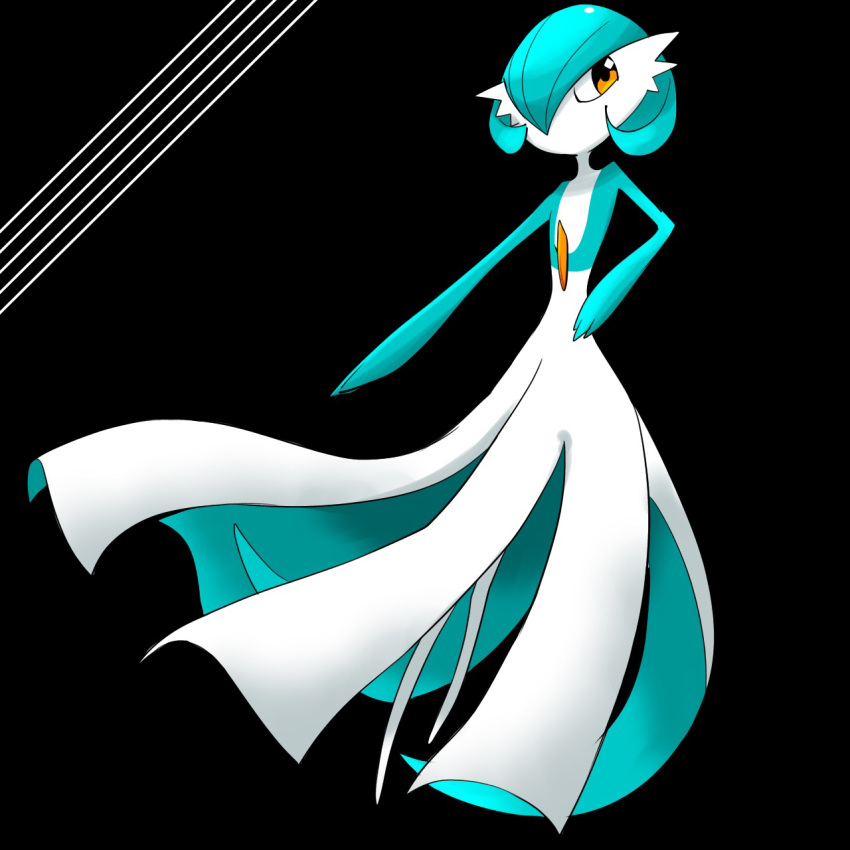 1girl alternate_color bangs black_background blue_hair blue_skin bob_cut colored_skin commentary flat_chest full_body gardevoir gen_3_pokemon hair_over_one_eye hand_on_hip highres looking_to_the_side multicolored_skin no_humans no_mouth one_eye_covered orange_eyes outstretched_arm pokemon pokemon_(creature) rve shiny_pokemon short_hair simple_background solo standing two-tone_skin white_skin