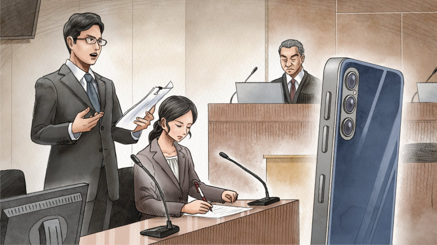 1girl 2boys black_eyes black_hair cellphone commentary_request courtroom enomoto_yoshitaka formal glasses grey_hair grey_necktie highres holding holding_paper iphone microphone mineo_(company) monitor multiple_boys necktie open_mouth oversized_object paper pen phone ponytail sitting smartphone standing suit writing