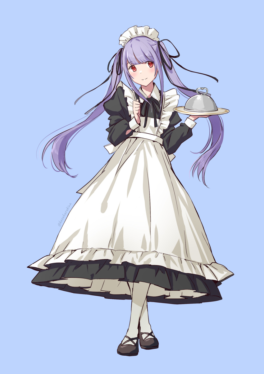 1girl alternate_costume apron bangs black_dress black_footwear black_ribbon blue_background blush closed_mouth copyright_request crossed_legs dress enmaided frilled_apron frills full_body hair_ribbon highres holding holding_plate juliet_sleeves kazuharu_kina long_hair long_sleeves maid maid_apron maid_headdress pantyhose plate puffy_sleeves purple_hair red_eyes ribbon serving_dome shoes sidelocks simple_background smile solo standing tray twintails twitter_username very_long_hair virtual_youtuber white_apron white_legwear white_pantyhose