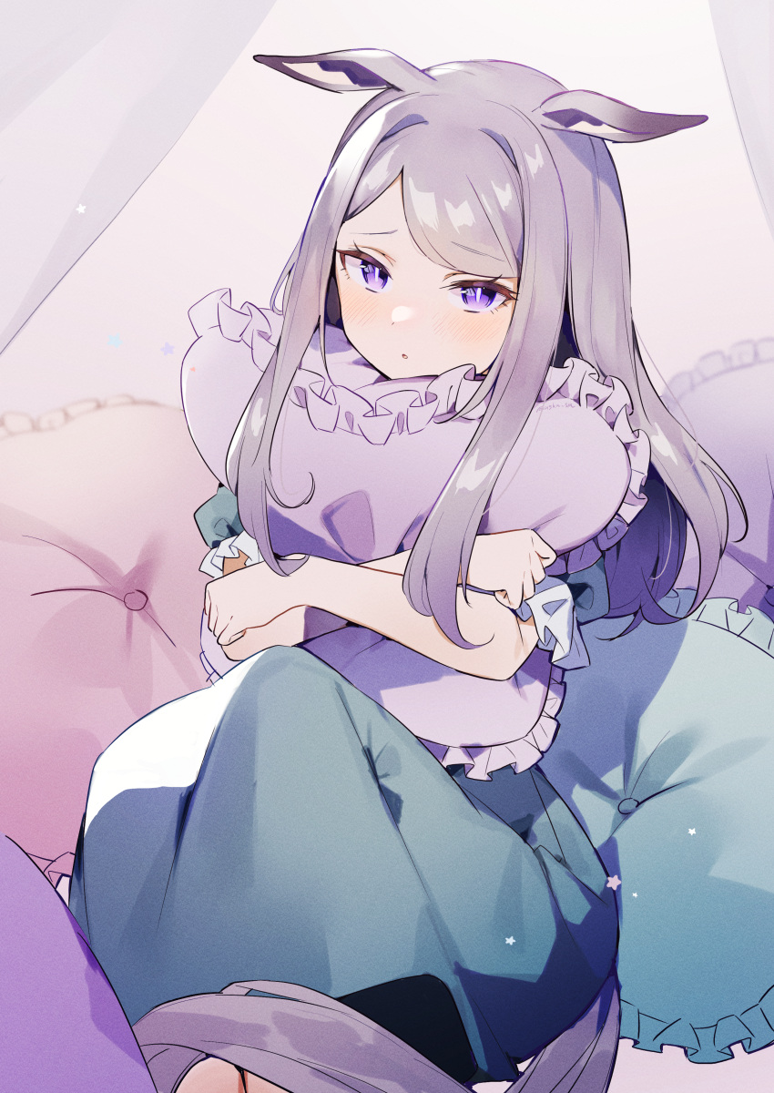 1girl absurdres animal_ears bangs bedroom blush dress embarrassed feet_out_of_frame frilled_pillow frills highres horse_ears horse_girl horse_tail light_purple_hair long_hair looking_at_viewer mejiro_mcqueen_(umamusume) object_hug pajamas parted_lips pillow pillow_hug purple_eyes solo swept_bangs tail umamusume usukawa_(uskw_sr) violet_eyes