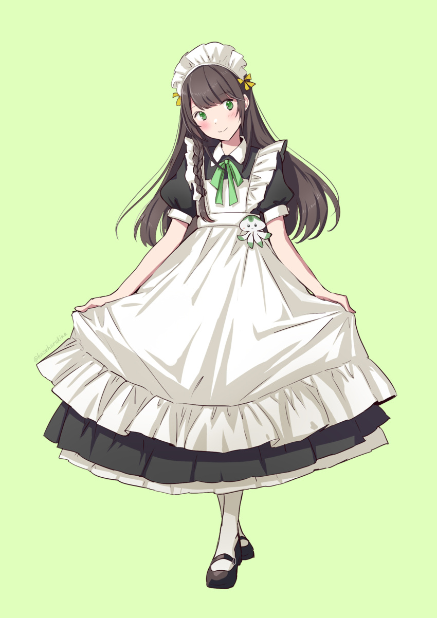 1girl alternate_costume apron bangs black_dress black_footwear blush brown_hair closed_mouth copyright_request crossed_legs dress enmaided frilled_apron frills full_body green_background green_eyes head_tilt highres kazuharu_kina long_hair maid maid_apron maid_headdress pantyhose puffy_short_sleeves puffy_sleeves shoes short_sleeves simple_background smile solo standing twitter_username very_long_hair virtual_youtuber white_apron white_legwear white_pantyhose