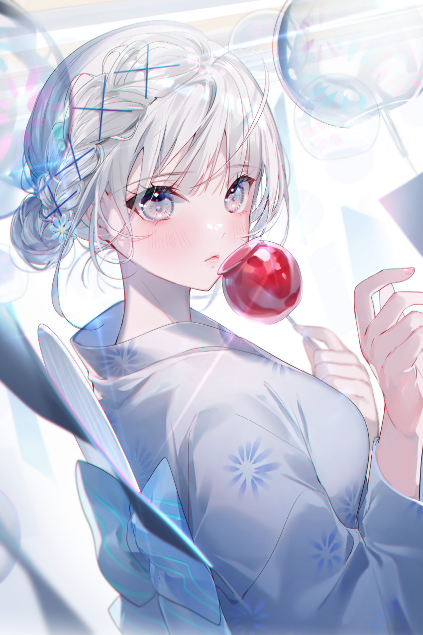 1girl back_bow bangs blue_bow blue_flower blush bow braid breasts candy_apple closed_mouth expressionless fingernails flower food grey_eyes grey_hair hair_bun hair_flower hair_ornament hand_up highres holding japanese_clothes kimono long_sleeves looking_away medium_breasts miwano_rag original shiny shiny_hair short_hair single_braid solo standing upper_body white_background white_kimono
