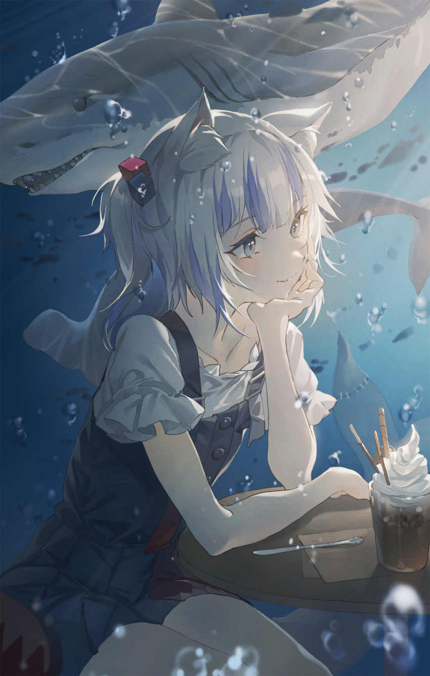 1girl absurdres air_bubble animal_ears aquarium bangs blue_skirt blush bubble buttons cat_ears closed_mouth collarbone feet_out_of_frame fish food frilled_shirt frilled_sleeves frills gawr_gura grey_eyes hair_ornament hand_on_own_chin highres hololive hololive_english hxxg ice_cream looking_away medium_hair shark shark_girl shiny shiny_hair shirt short_ponytail short_sleeves skirt smile solo spoon suspender_skirt suspenders table underwater water white_hair white_shirt