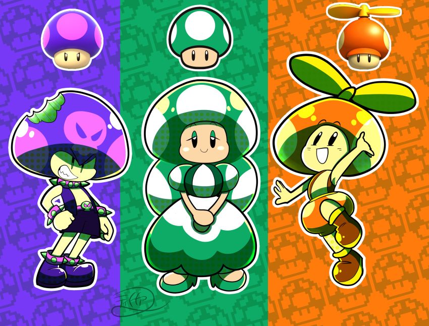 1-up_mushroom :d arm_up black_eyes boots bracelet brown_footwear clenched_hand collar dress eemapso english_commentary green_dress green_footwear green_hair grin highres jewelry long_hair mask multiple_girls mushroom own_hands_together personification poison_mushroom propeller_hat purple_footwear smile spiked_bracelet spiked_collar spikes super_mario_bros.