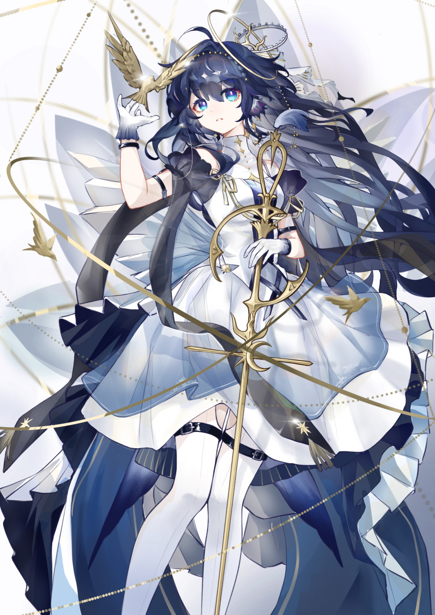 1girl absurdres ahoge animal_ear_fluff arknights astesia_(arknights) astesia_(frlibre_on_the_palace)_(arknights) bird black_shirt blue_eyes blue_hair blue_ribbon bright_pupils chinese_commentary collar commentary dress fake_wings feathers feet_out_of_frame floating_hair gloves hair_between_eyes hair_ornament highres holding holding_sword holding_weapon long_hair looking_at_viewer official_alternate_costume parted_lips ribbon shirt short_sleeves solo sword thigh-highs very_long_hair weapon white_collar white_dress white_gloves white_pupils white_thighhighs wings youyou72364