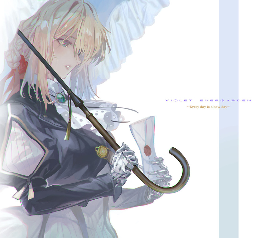 1girl ascot blonde_hair blue_eyes breasts brooch dress green_brooch hair_between_eyes hair_bun hair_ribbon holding holding_letter jewelry letter long_hair looking_to_the_side maeshima_shigeki mechanical_arms parasol parted_lips prosthesis red_lips red_ribbon ribbon solo umbrella upper_body violet_evergarden violet_evergarden_(character) violet_evergarden_(series) white_ascot white_neckwear