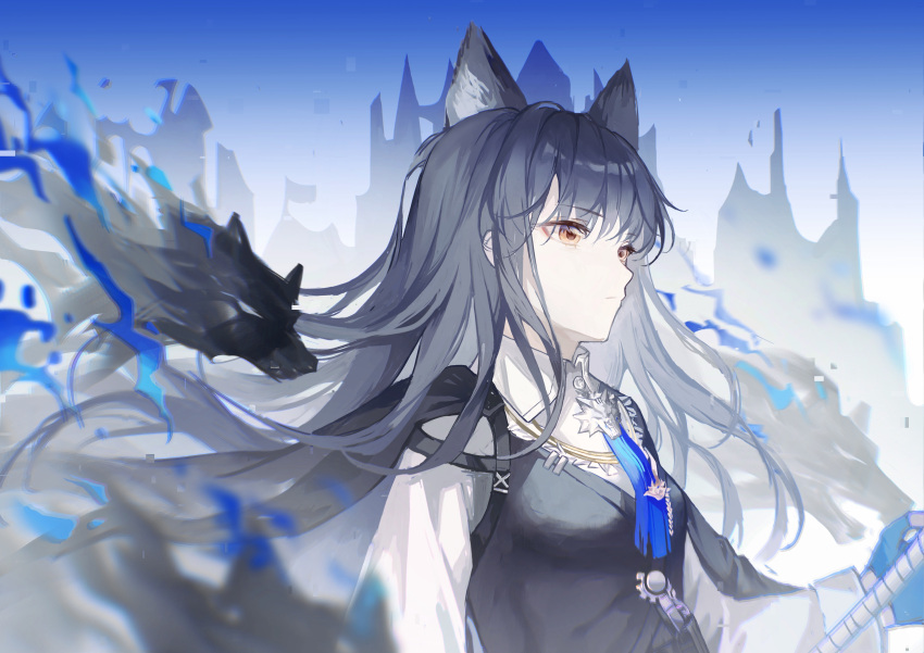 1girl absurdres animal_ear_fluff animal_ears arknights bangs black_cape black_hair black_vest blue_background blue_fire blue_necktie brown_eyes cape closed_mouth extra_ears fire gradient gradient_background highres jacket kantai_collection long_hair looking_afar looking_away necktie shirt solo sword texas_(arknights) texas_the_omertosa_(arknights) upper_body vest weapon white_shirt wolf wolf_ears yanjiu_(yanjiu027)