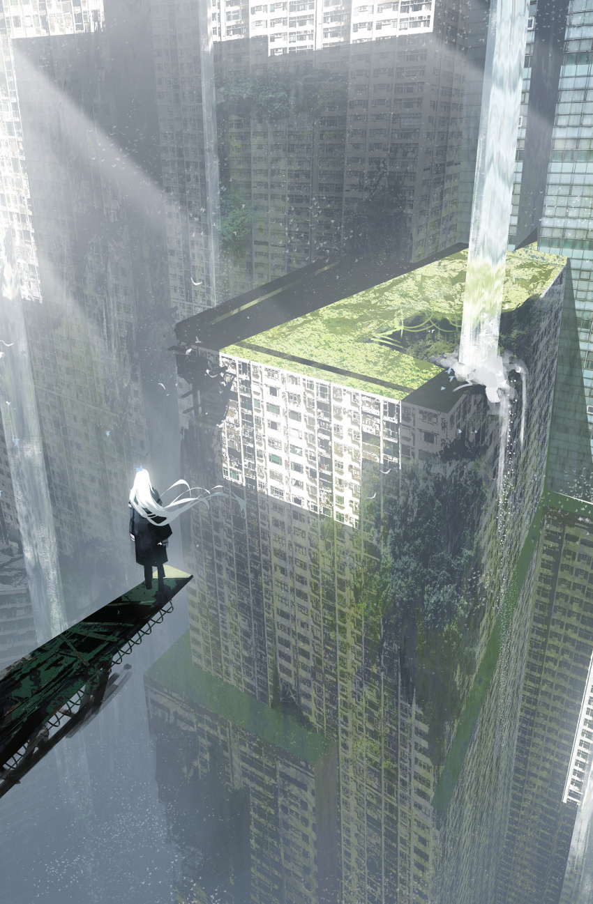 1girl 1other abandoned absurdres ambiguous_gender asteroid_ill black_coat black_pants building coat day highres long_hair original outdoors overgrown pants ruins scenery skyscraper solo water waterfall white_hair