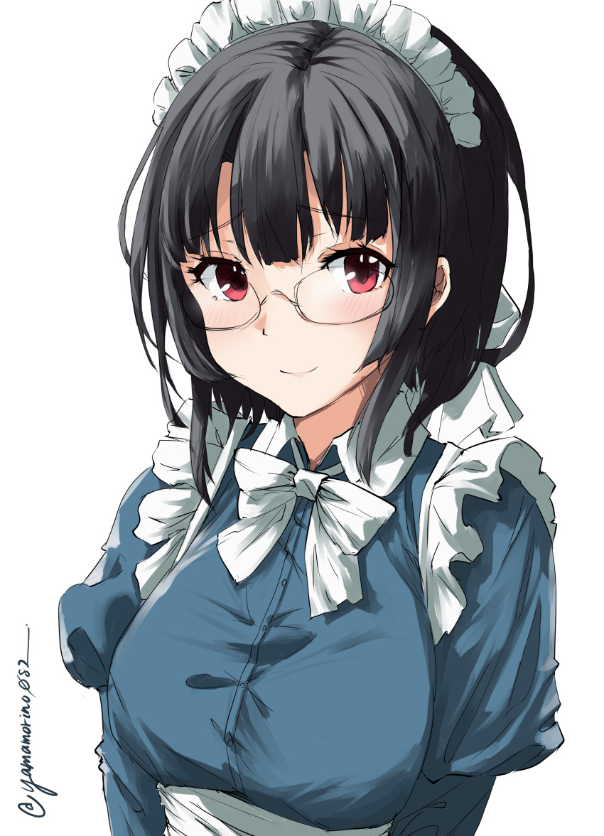 1girl absurdres alternate_costume apron bespectacled black_hair blue_dress breasts collared_shirt dress enmaided frilled_apron frills glasses gradient gradient_background highres juliet_sleeves kantai_collection large_breasts long_sleeves looking_at_viewer maid maid_apron maid_headdress neckerchief one-hour_drawing_challenge puffy_sleeves red_eyes semi-rimless_eyewear shirt short_hair simple_background smile solo takao_(kancolle) takao_(kantai_collection) twitter_username under-rim_eyewear upper_body waist_apron white_apron white_background white_neckerchief yamamori_oyatsu