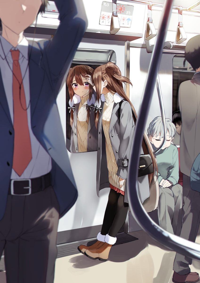 1girl black_pants blurry blurry_foreground blush boots brown_footwear brown_hair closed_mouth coat fur-trimmed_boots fur_trim grey_coat highres long_hair looking_at_mirror mirror multiple_girls necktie open_clothes open_coat original pants pentagon_(railgun_ky1206) pink_eyes purple_eyes smile solo_focus standing train_interior