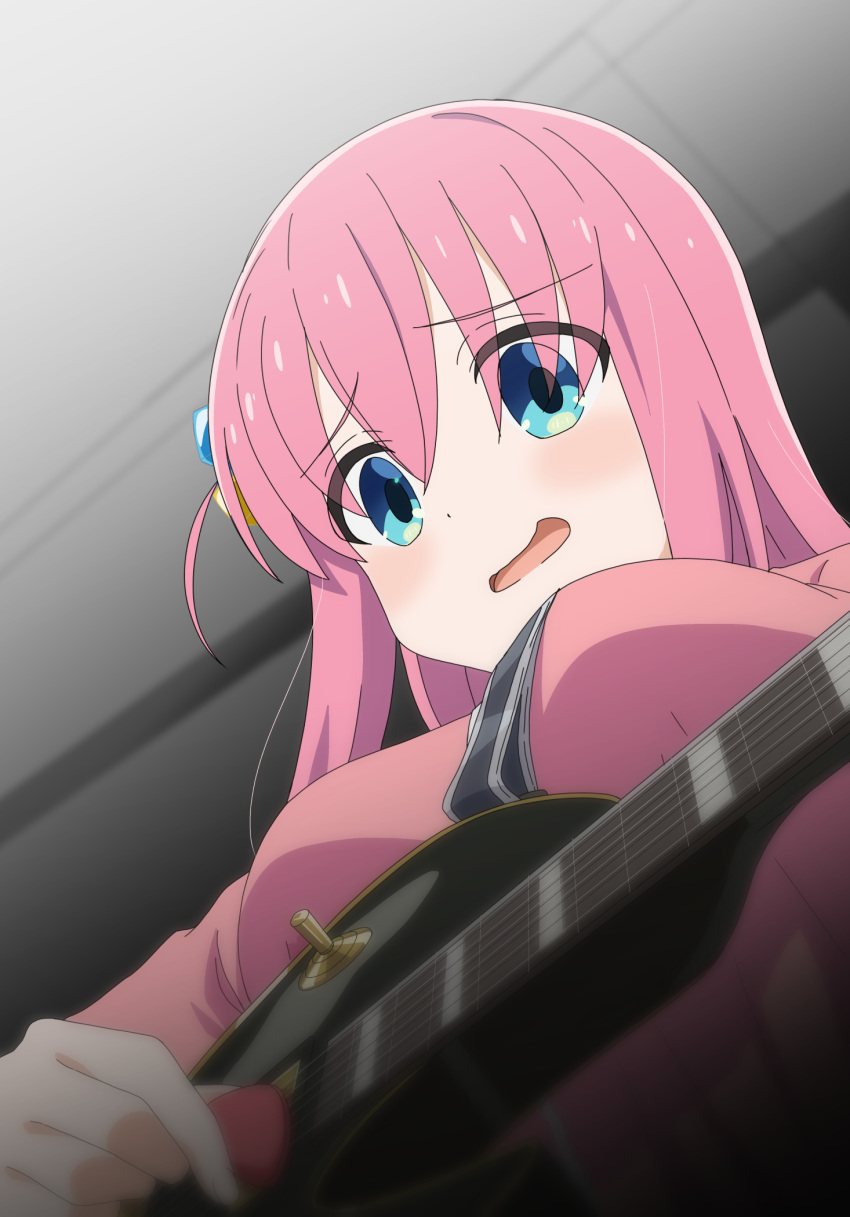 1girl aum_mat0320 bangs blue_eyes blush bocchi_the_rock! breasts cube_hair_ornament electric_guitar from_below gibson_les_paul gotou_hitori guitar hair_between_eyes hair_ornament highres instrument jacket long_hair looking_at_viewer medium_breasts music nervous_smile open_mouth pink_hair pink_jacket playing_instrument smile solo track_jacket