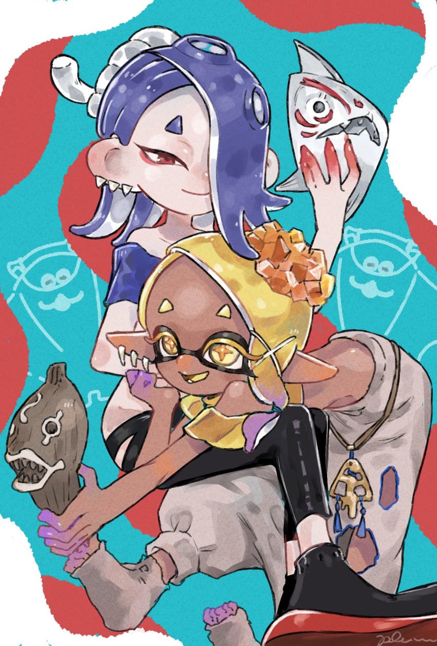 2girls big_man_(splatoon) black_pants black_socks blonde_hair blue_hair clothing_cutout colored_eyelashes colored_skin colored_tongue cross-shaped_pupils dark-skinned_female dark_skin earrings eyeliner food food_on_head frye_(splatoon) gradient_hair gradient_skin grey_pants grey_socks hachimaki hair_over_one_eye hand_up harem_pants headband highres holding holding_mask jewelry long_hair makeup mask multicolored_hair multicolored_skin multiple_earrings multiple_girls nejiri_hachimaki object_on_head octarian open_mouth pants plum0o0 pointy_ears purple_hair purple_skin red_eyeliner red_eyes red_footwear red_skin shiver_(splatoon) shoes short_sleeves smile socks splatoon_(series) splatoon_3 suction_cups tempura tentacle_hair toeless_legwear two-tone_hair yellow_eyes yellow_tongue