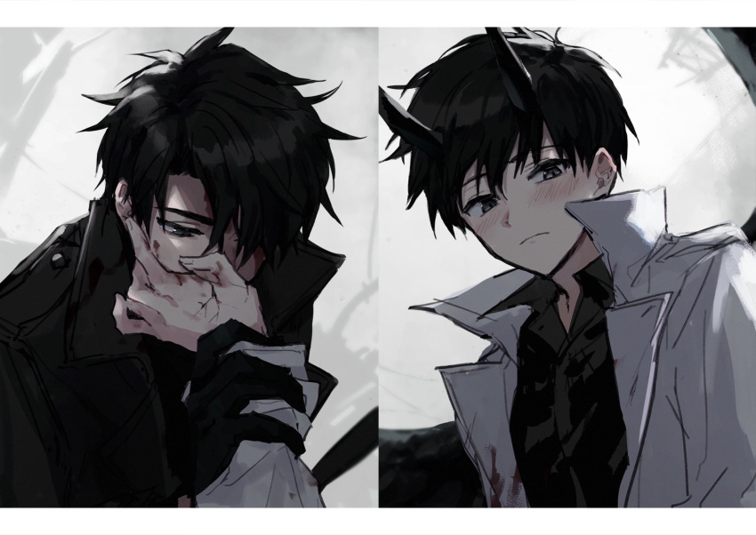 1boy 2boys bangs black_gloves black_hair black_horns black_jacket black_shirt blood blood_on_face blood_on_hands blush closed_mouth collared_shirt covering_mouth frown gloves grey_background grey_eyes hair_over_one_eye hand_on_another's_face highres holding_another's_wrist horns jacket kim_dokja letterboxed long_sleeves looking_at_viewer male_focus multiple_boys mya2_8 omniscient_reader's_viewpoint open_clothes open_jacket shirt short_hair white_jacket yoo_joonghyuk