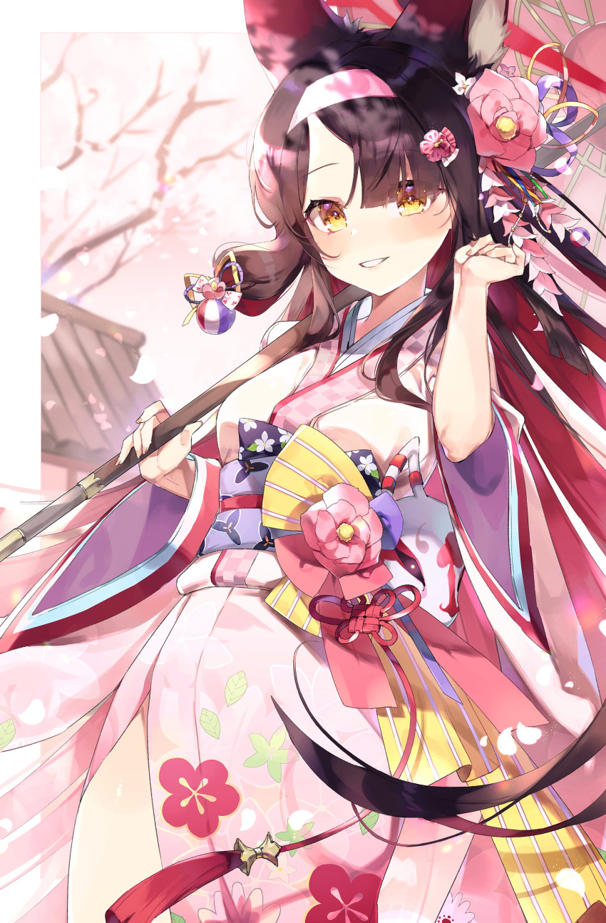 1girl :d absurdres animal_ears bangs black_hair blue_archive blunt_bangs cherry_blossoms commentary_request falling_petals flower fox_ears fox_girl fox_mask gradient_hair hair_flower hair_ornament hairband halo highres holding holding_umbrella japanese_clothes kimono long_hair long_sleeves looking_at_viewer mask meunhongcha multicolored_hair obi obiage official_alternate_costume oil-paper_umbrella parted_bangs petals sash sidelocks smile solo two-tone_hair umbrella wakamo_(blue_archive) white_kimono yellow_eyes
