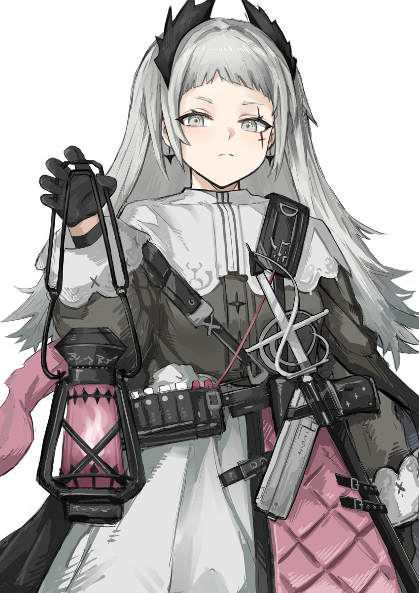 1girl absurdres ammunition_belt arknights black_gloves black_jacket capelet closed_mouth cowboy_shot earrings gloves grey_eyes grey_hair gun head_wings highres holding holding_lantern irene_(arknights) jacket jewelry lantern layered_skirt long_hair long_sleeves looking_at_viewer purple_skirt rain_(rain8649) rapier scar scar_across_eye scar_on_face sheath sheathed simple_background skirt solo sword weapon white_background white_capelet white_skirt