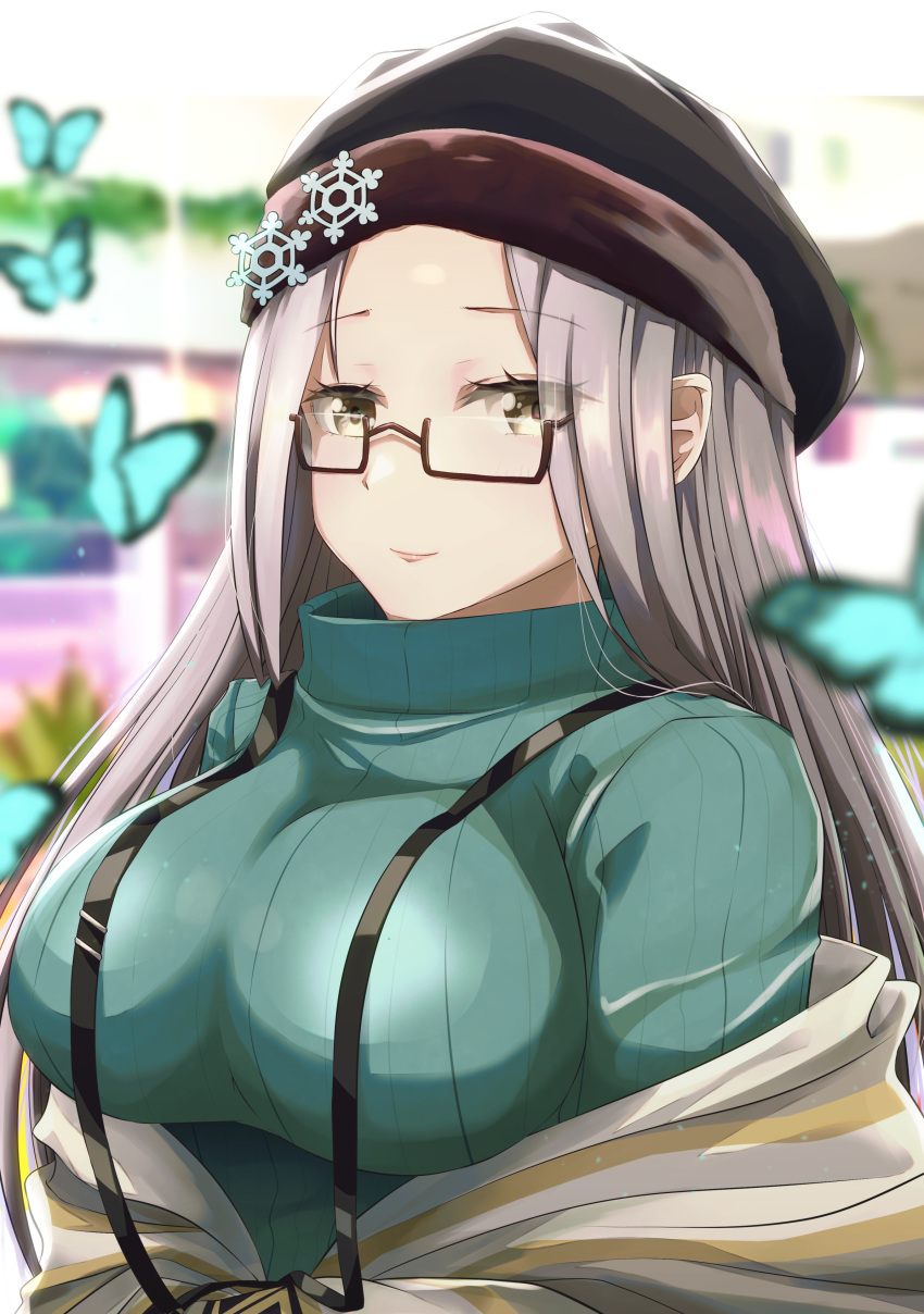 1girl absurdres azur_lane blue_butterfly blue_sweater blurry blurry_background breasts bug butterfly butterfly_hair_ornament depth_of_field glasses grey_hair hat highres insect large_breasts long_hair semi-rimless_eyewear shangri-la_(azur_lane) snowflake_ornament solo sweater takllou turtleneck turtleneck_sweater upper_body yellow_eyes