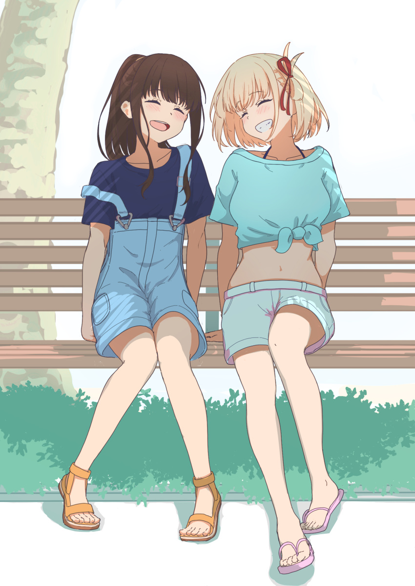 2girls absurdres akane_color35 bangs bench black_hair blonde_hair closed_eyes day flip-flops full_body grass grin hair_ribbon highres inoue_takina light_blush long_hair lycoris_recoil midriff multiple_girls navel nishikigi_chisato open_mouth outdoors overalls ponytail ribbon sandals shadow shirt short_hair short_sleeves shorts sitting smile sunlight t-shirt teeth tied_shirt toes tree upper_teeth