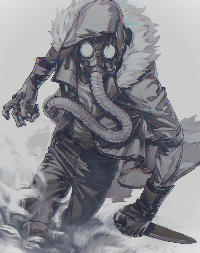1boy belt c2h4_(1849155751) chinese_commentary fur-trimmed_jacket fur_trim gas_mask gloves gradient gradient_background greyscale highres holding holding_knife hood hood_up hooded_jacket jacket knife male_focus mask monochrome open_hand original pants shirt solo t-shirt walking