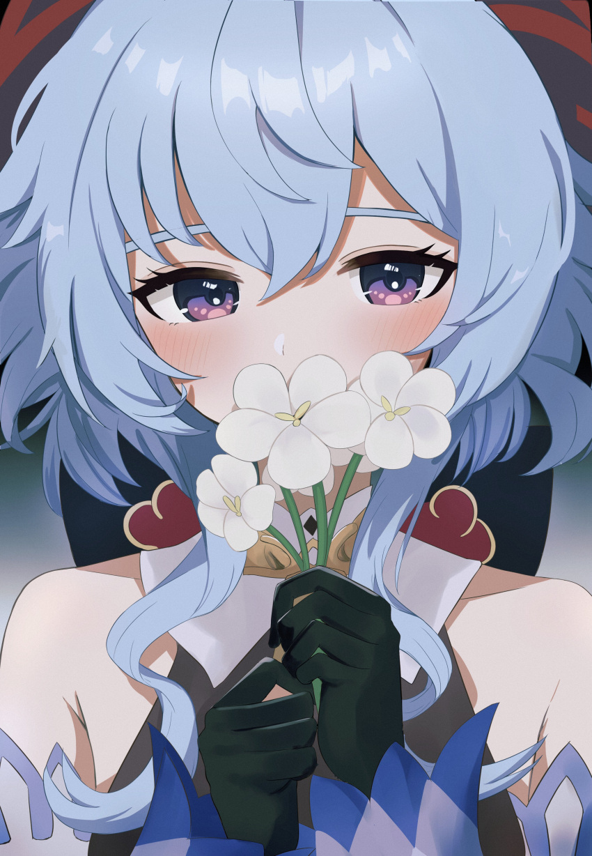 1girl absurdres bangs bare_shoulders black_gloves blue_hair blush close-up covering_mouth detached_sleeves flower ganyu_(genshin_impact) genshin_impact gloves highres holding holding_flower horns issei_draw long_hair looking_at_viewer purple_eyes qingxin_flower sidelocks solo upper_body violet_eyes white_flower