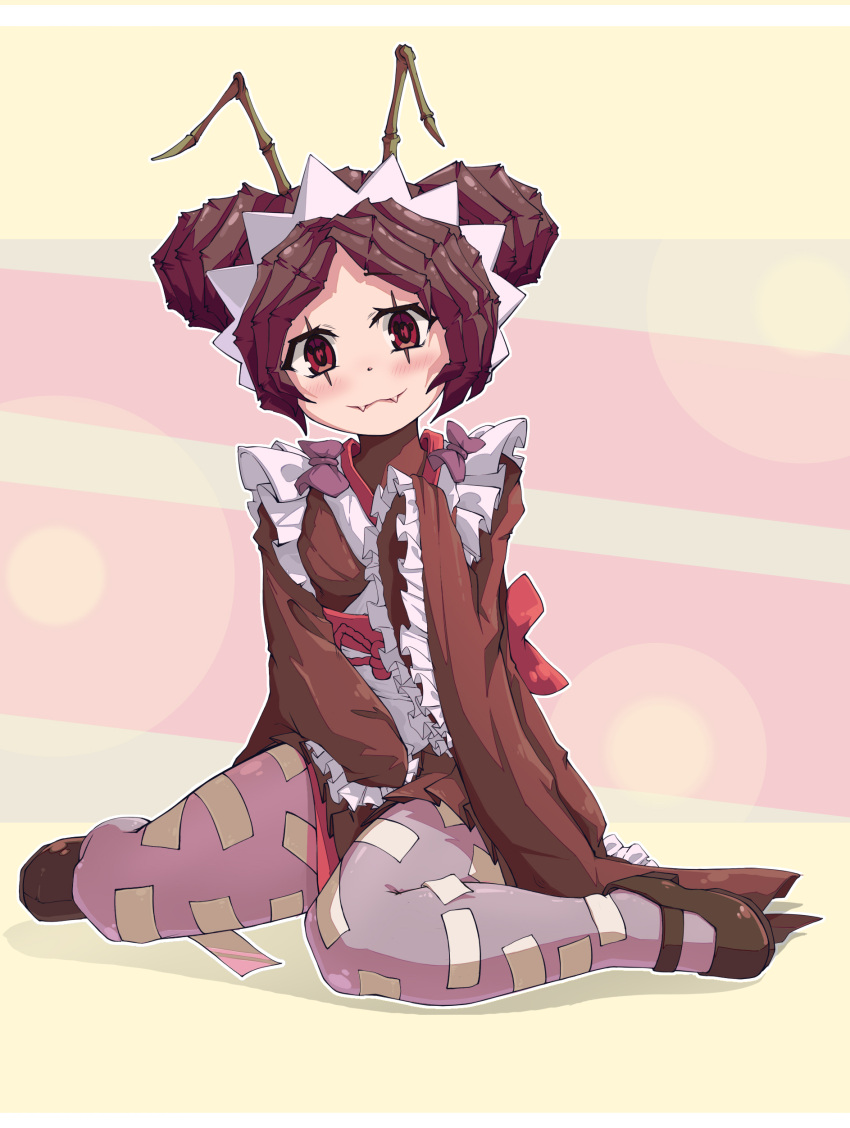 1girl absurdres antennae arthropod_girl black_footwear blush brown_hair brown_kimono commentary_request double_bun entoma_vasilissa_zeta eros-lust extra_pupils fangs full_body hair_bun highres japanese_clothes kimono kneeling light_smile looking_at_viewer maid maid_headdress mary_janes monster_girl multicolored_background ofuda overlord_(maruyama) pantyhose purple_hair purple_pantyhose red_eyes shoes short_hair simple_background sitting skin_fangs sleeves_past_wrists solo tears wariza