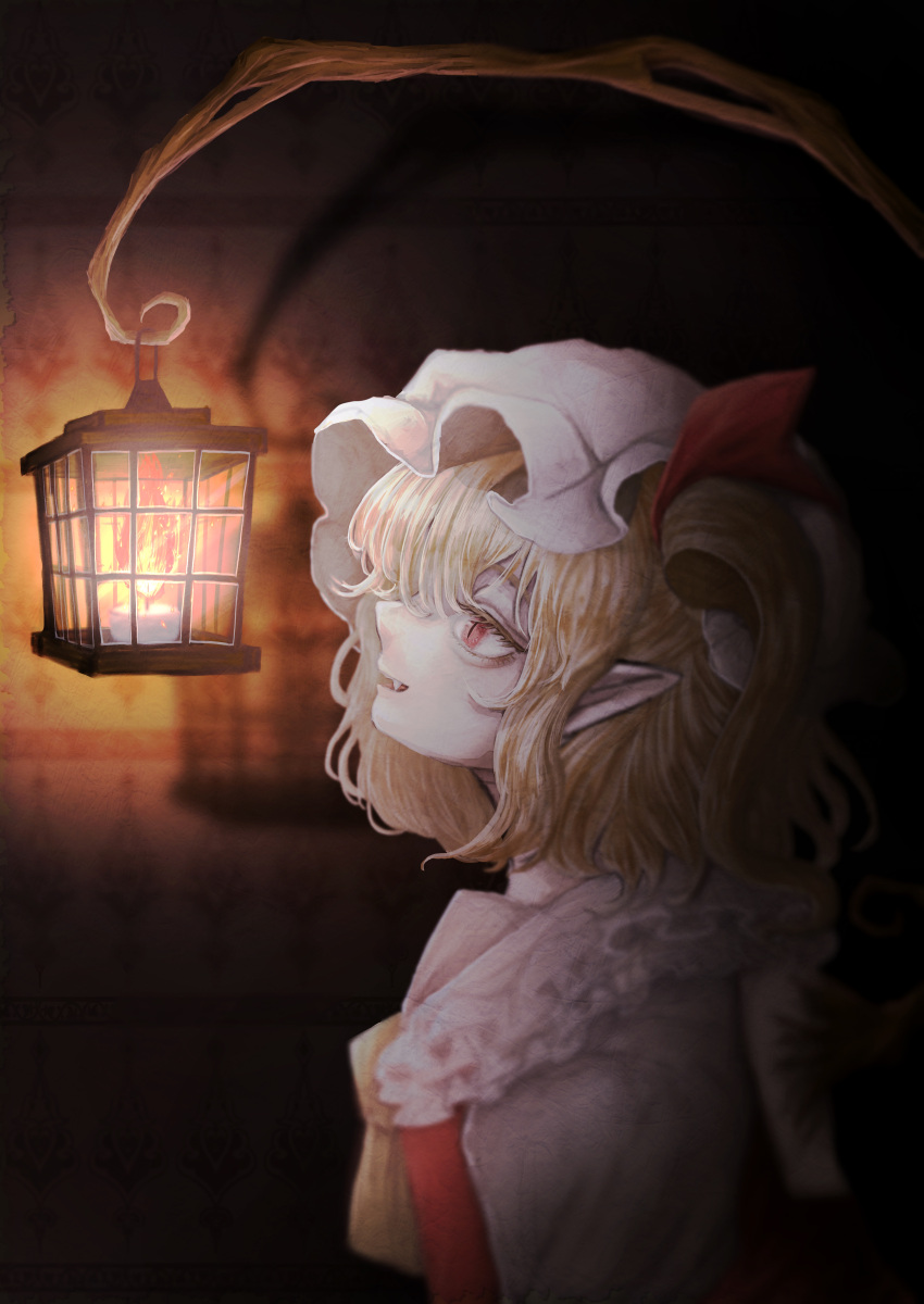 1girl absurdres ascot blonde_hair breasts candlelight dark_background fang flandre_scarlet fleuriste frilled_shirt_collar frills from_side hat highres indoors lantern lit_candle looking_at_object medium_hair mob_cap open_mouth pointy_ears puffy_sleeves red_eyes red_vest shirt short_sleeves small_breasts solo touhou upper_body vest white_headwear white_shirt wings yellow_ascot
