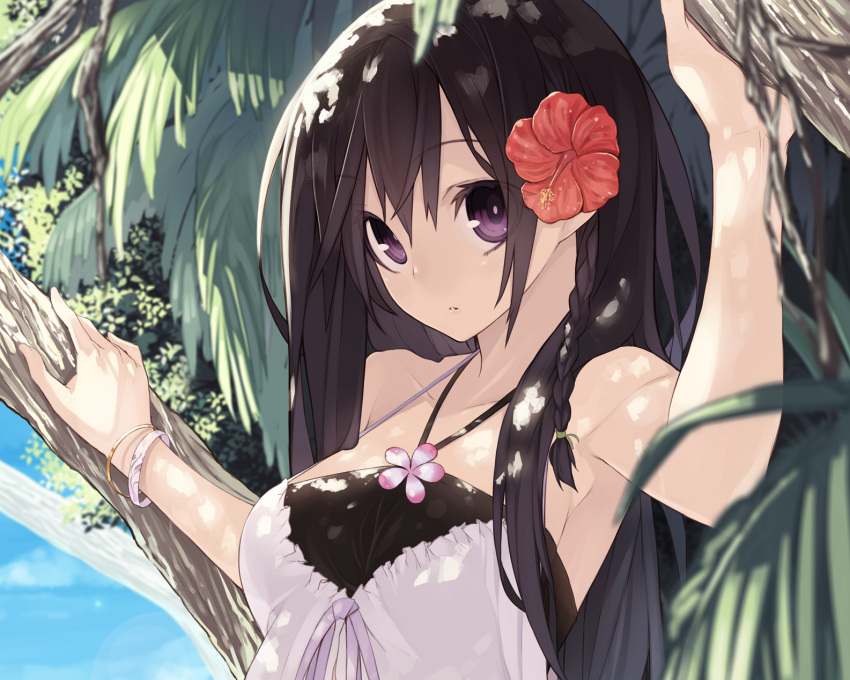 1girl armpits bangs blush bracelet braid breasts brown_hair cropped flower hair_flower hair_flowing_over hair_ornament highres jewelry long_hair looking_at_viewer non-web_source original palm_tree purple_eyes senmu_(senmudayo) solo tree upper_body very_long_hair violet_eyes