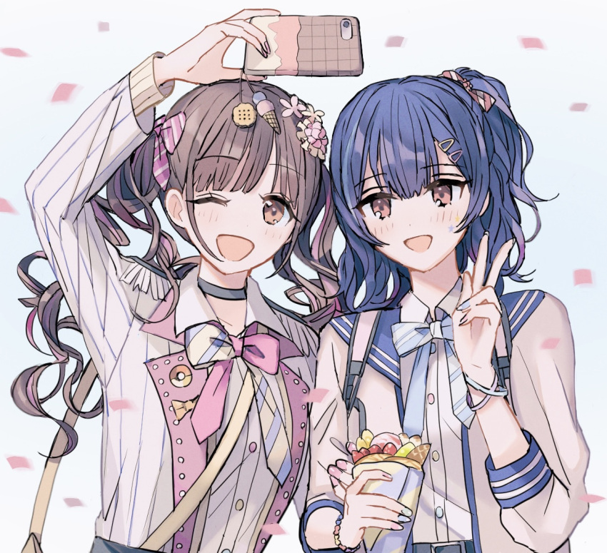 2girls :d alternate_costume bag bangs belt black_choker blue_bow blue_hair blue_sailor_collar bow brown_eyes brown_hair buttons carrying_bag casual cellphone cellphone_charm charm_(object) choker crepe cup diagonal-striped_bow epaulettes flower food hair_between_eyes hair_bow hair_flower hair_ornament hairclip handbag holding holding_cup holding_food holding_phone idolmaster idolmaster_shiny_colors jacket kiouri light_brown_hair long_hair long_sleeves looking_at_phone medium_hair morino_rinze multiple_girls one_eye_closed open_mouth pastel_colors phone pink_bow pink_eyes ponytail red_eyes sailor_collar selfie shirt side_ponytail simple_background sleeve_cuffs smartphone smile sonoda_chiyoko striped striped_bow striped_jacket twintails v vertical-striped_jacket vertical_stripes white_jacket white_shirt