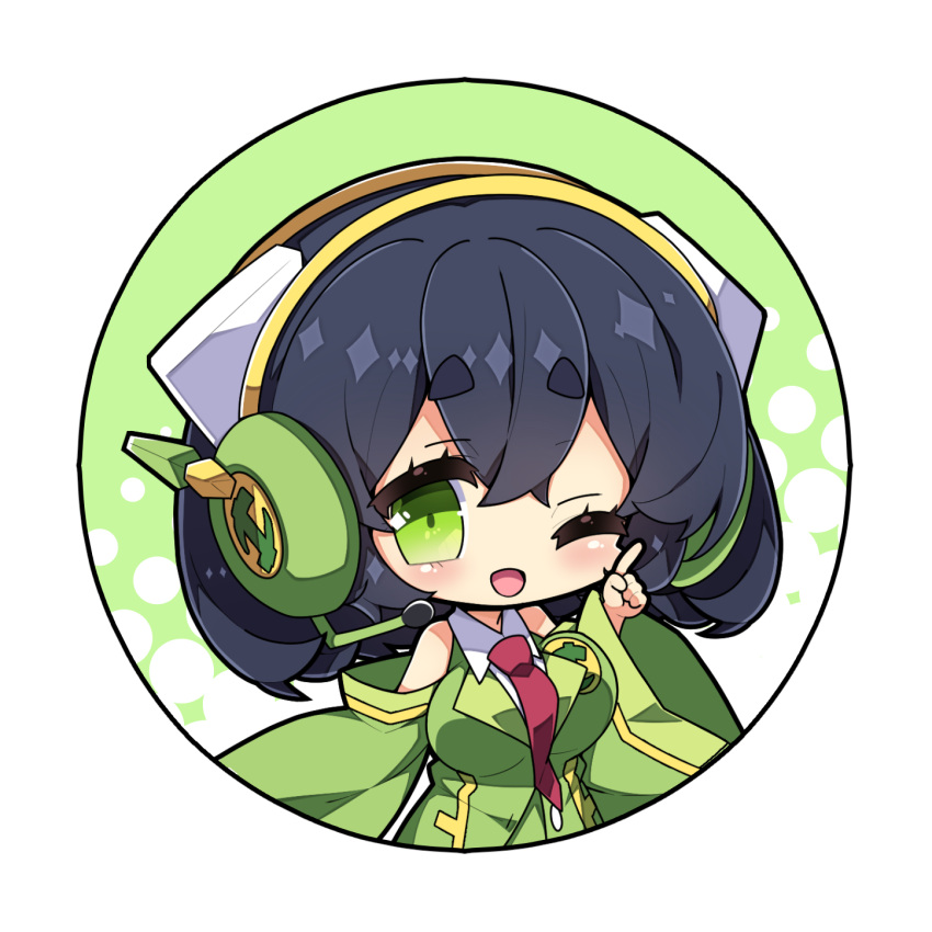 1girl ;d bangs black_hair blush breasts chibi collared_shirt commentary_request detached_sleeves eyebrows_visible_through_hair green_eyes green_jacket green_sleeves hair_between_eyes halftone halftone_background headphones highres jacket kyoumachi_seika large_breasts long_sleeves looking_at_viewer milkpanda necktie one_eye_closed open_mouth red_necktie round_image shirt short_eyebrows sleeveless sleeveless_jacket sleeveless_shirt sleeves_past_wrists smile solo thick_eyebrows upper_body voiceroid white_shirt wide_sleeves