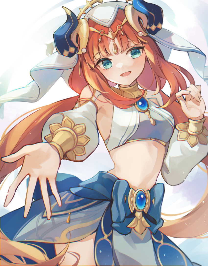 1girl 7aka_ne11 :d absurdres aqua_eyes bangs blue_bow blue_gemstone blue_skirt blush bow bracer breasts brooch circlet cowboy_shot crop_top dancer detached_sleeves floating_hair gem genshin_impact gold_trim hand_up harem_outfit highres horns jewelry long_hair long_sleeves looking_at_viewer medium_breasts midriff neck_ring nilou_(genshin_impact) open_mouth outstretched_hand parted_bangs puffy_long_sleeves puffy_sleeves redhead sidelocks simple_background skirt smile solo twintails veil white_background