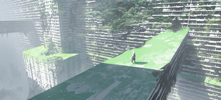 1other abandoned ambiguous_gender asteroid_ill black_coat black_pants bridge building coat day highres long_hair original outdoors overgrown pants ruins scenery skyscraper solo walking white_hair