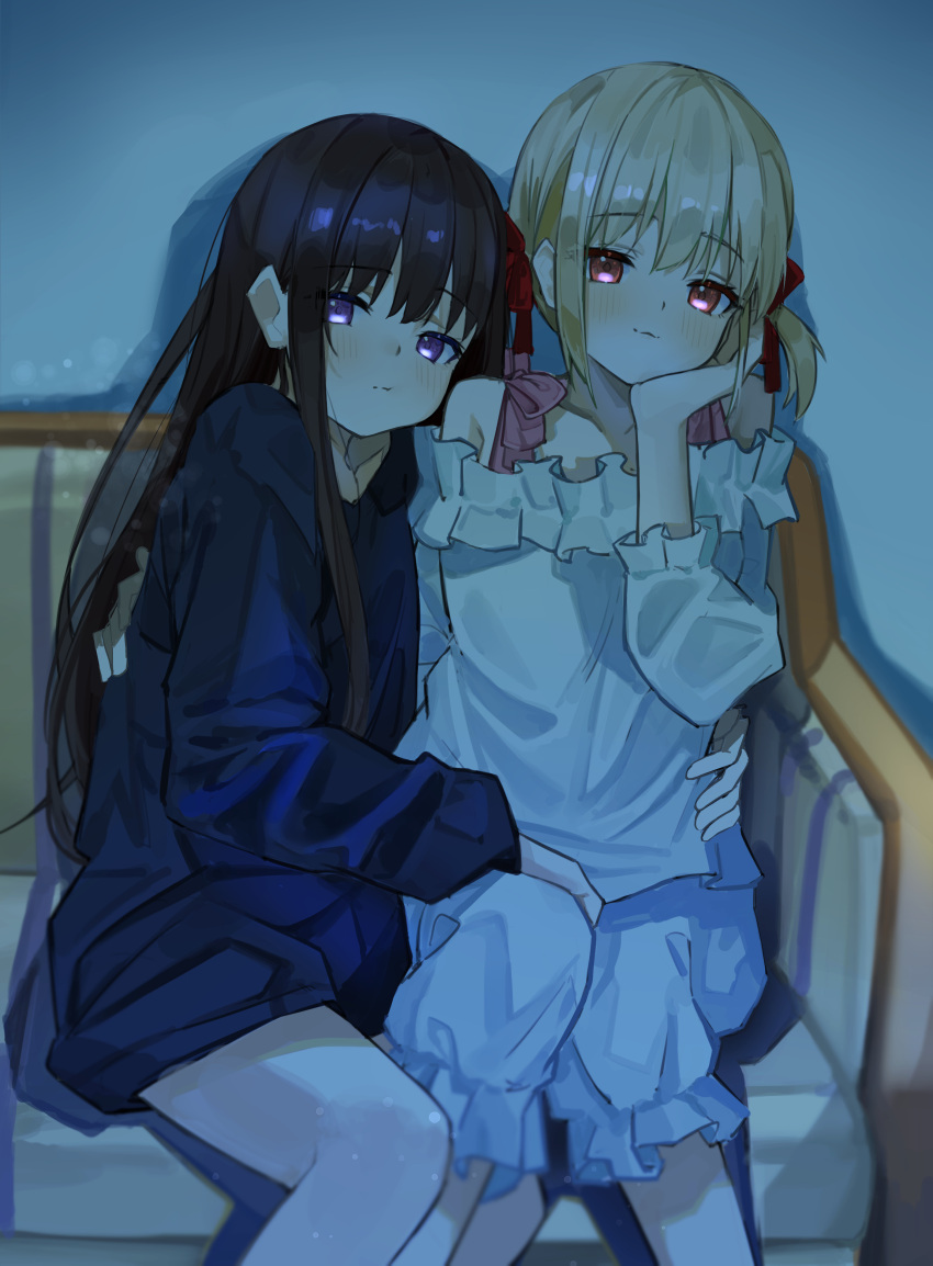2girls absurdres bangs black_hair blonde_hair blue_hoodie blush closed_mouth commentary_request couch dark frilled_shirt frilled_shorts frills hair_ribbon hand_on_another's_back hand_on_another's_hip highres hood hood_down hoodie hug indoors inoue_takina long_hair long_sleeves looking_at_viewer lycoris_recoil multiple_girls nappi0110 nishikigi_chisato purple_eyes red_eyes red_ribbon ribbon shirt short_hair short_twintails shorts sitting smile twintails violet_eyes white_shirt white_shorts yuri
