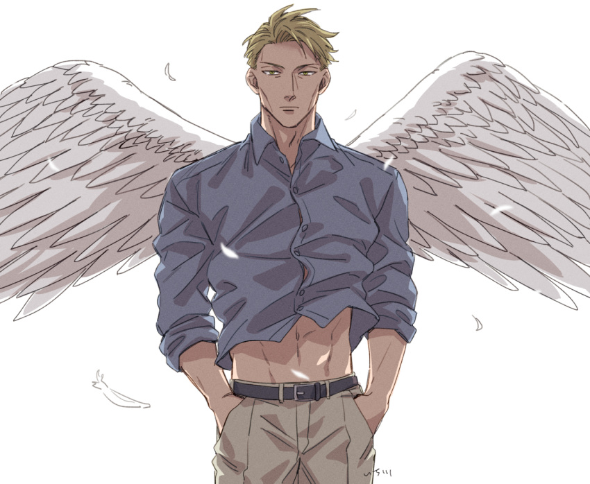 1boy angel_wings belt black_belt blonde_hair blue_shirt buttons collared_shirt cowboy_shot expressionless feathered_wings feathers green_eyes hands_in_pockets jujutsu_kaisen kijinkutsu long_sleeves male_focus nanami_kento navel pants shirt short_hair sleeves_rolled_up solo white_background wings yellow_eyes