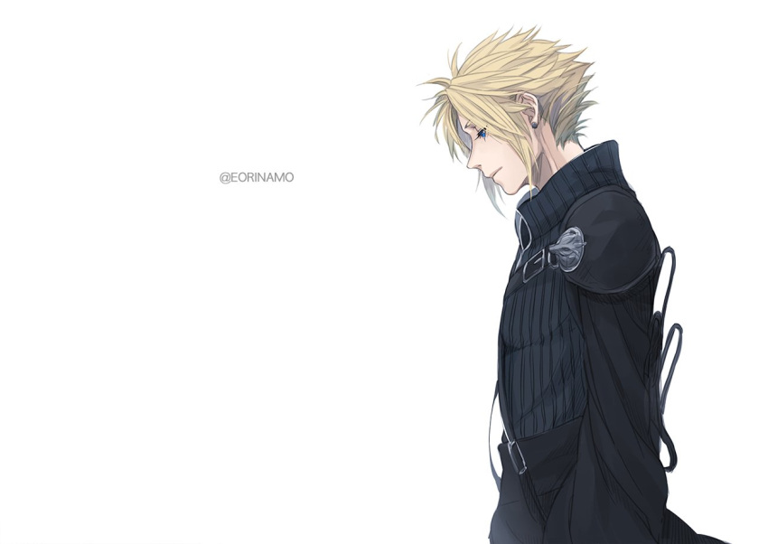 1boy armor bangs black_cape blonde_hair blue_eyes cape cloud_strife cowboy_shot earrings eorinamo final_fantasy final_fantasy_vii final_fantasy_vii_advent_children half-closed_eyes high_collar jewelry looking_down male_focus parted_bangs profile short_hair shoulder_armor single_earring single_sleeve solo spiky_hair strap twitter_username waist_cape white_background