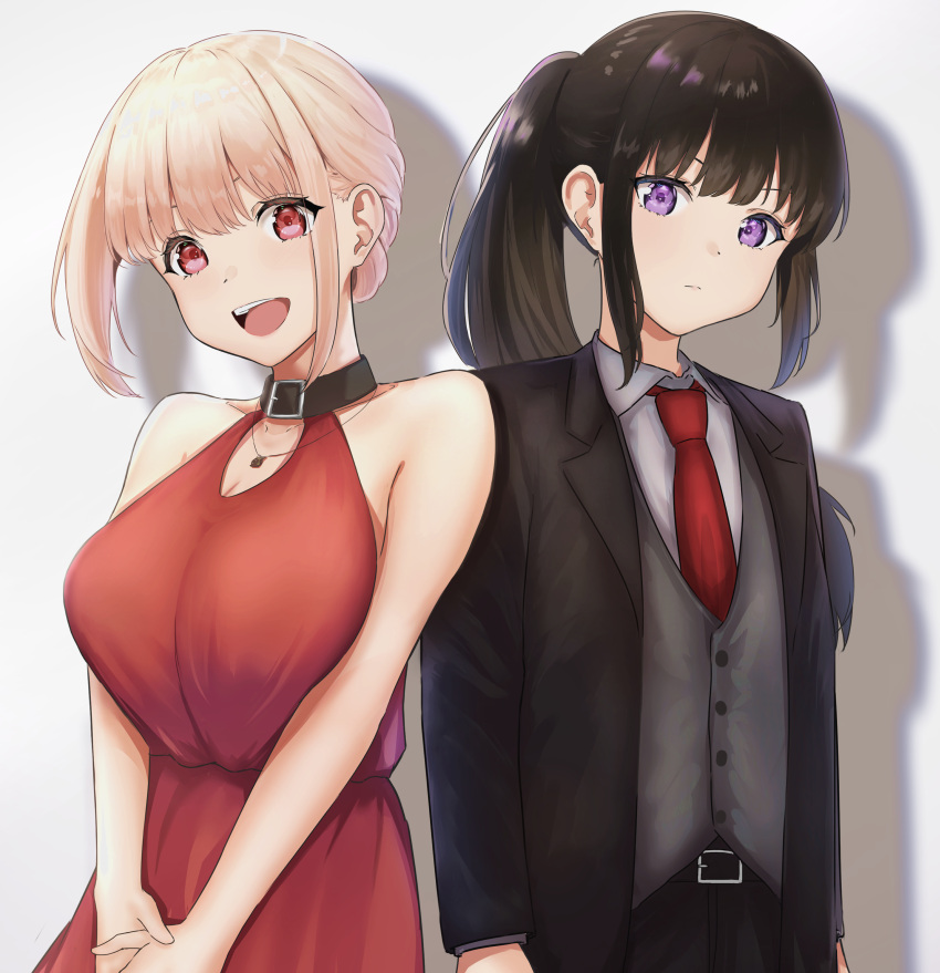 2girls absurdres akane_color35 bangs belt_buckle belt_collar black_collar black_hair black_jacket breasts buckle collar collared_shirt dress highres inoue_takina jacket jewelry large_breasts long_hair looking_at_viewer lycoris_recoil multiple_girls necklace necktie nishikigi_chisato official_alternate_costume open_mouth ponytail purple_eyes red_dress red_eyes red_necktie shadow shirt short_hair sidelocks sleeveless sleeveless_dress smile teeth upper_body upper_teeth violet_eyes white_shirt