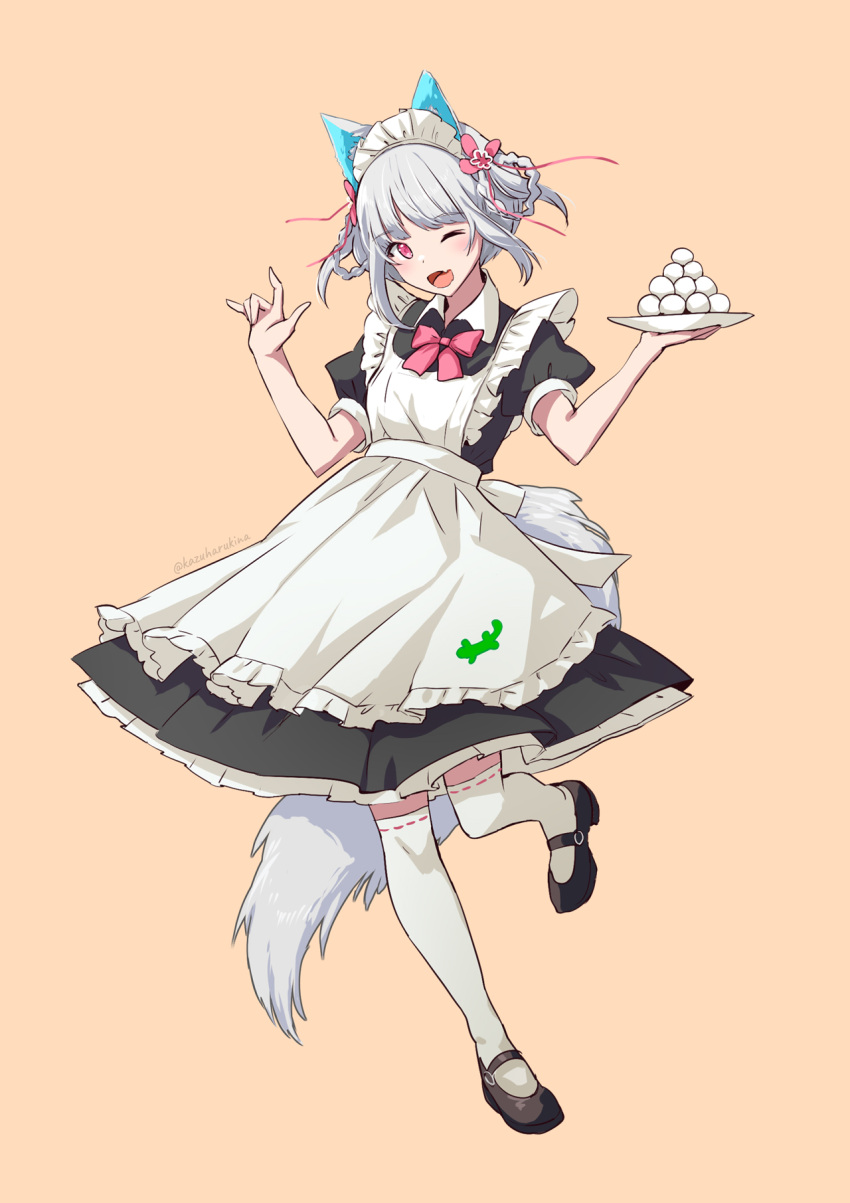1girl ;d alternate_costume animal_ears apron black_dress black_footwear bow brown_background collared_dress copyright_request dango dress enmaided fang food frilled_apron frills full_body gradient gradient_background grey_hair hands_up highres holding holding_plate kazuharu_kina looking_at_viewer maid maid_apron maid_headdress one_eye_closed open_mouth pink_bow plate puffy_short_sleeves puffy_sleeves red_eyes ribbon-trimmed_legwear ribbon_trim shoes short_sleeves simple_background smile solo standing standing_on_one_leg tail thigh-highs twitter_username virtual_youtuber wagashi white_apron white_legwear white_thighhighs