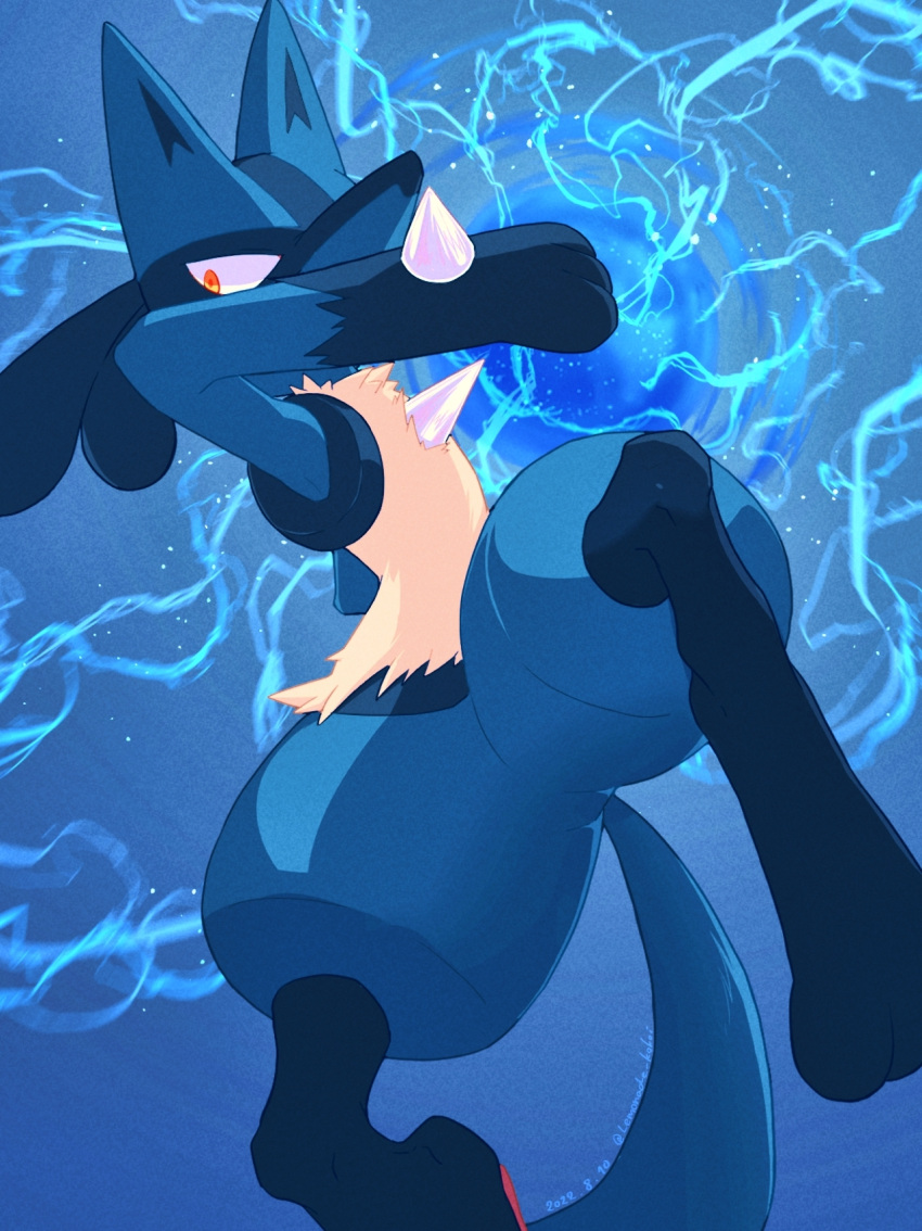 1boy animal_ears animal_feet animal_hands arms_up artist_name attack aura aura_sphere_(pokemon) black_fur blue_background blue_fur blue_theme body_fur commentary_request dated energy full_body furry furry_male highres lemonade_kokoi looking_to_the_side lucario male_focus multicolored_fur no_humans partial_commentary pawpads pokemon pokemon_(creature) pokemon_move red_eyes signature simple_background snout solo spikes spread_legs tail thick_thighs thighs twitter_username underwater water wolf_boy wolf_ears wolf_tail yellow_fur