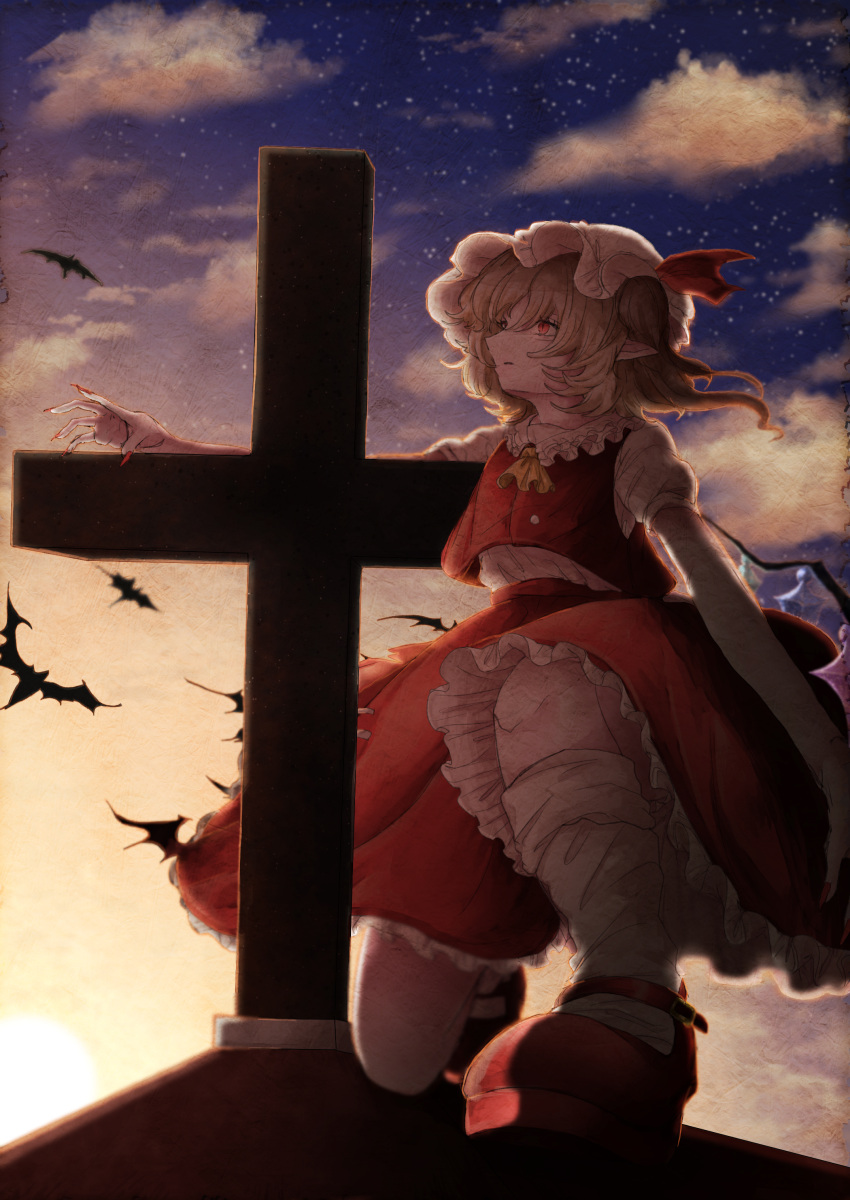 1girl absurdres ascot bat bat_(animal) blonde_hair bloomers buttons cloud fingernails flandre_scarlet fleuriste foreshortening frilled_shirt_collar frilled_skirt frills full_body hair_between_eyes hat highres long_fingernails mary_janes medium_hair mob_cap moon multicolored_wings nail_polish night night_sky on_roof outdoors pointy_ears puffy_short_sleeves puffy_sleeves red_eyes red_footwear red_nails red_skirt red_vest sharp_fingernails shirt shoes short_sleeves skirt skirt_set sky socks solo star_(sky) starry_sky touhou twilight underwear vest white_bloomers white_headwear white_shirt white_socks wings yellow_ascot
