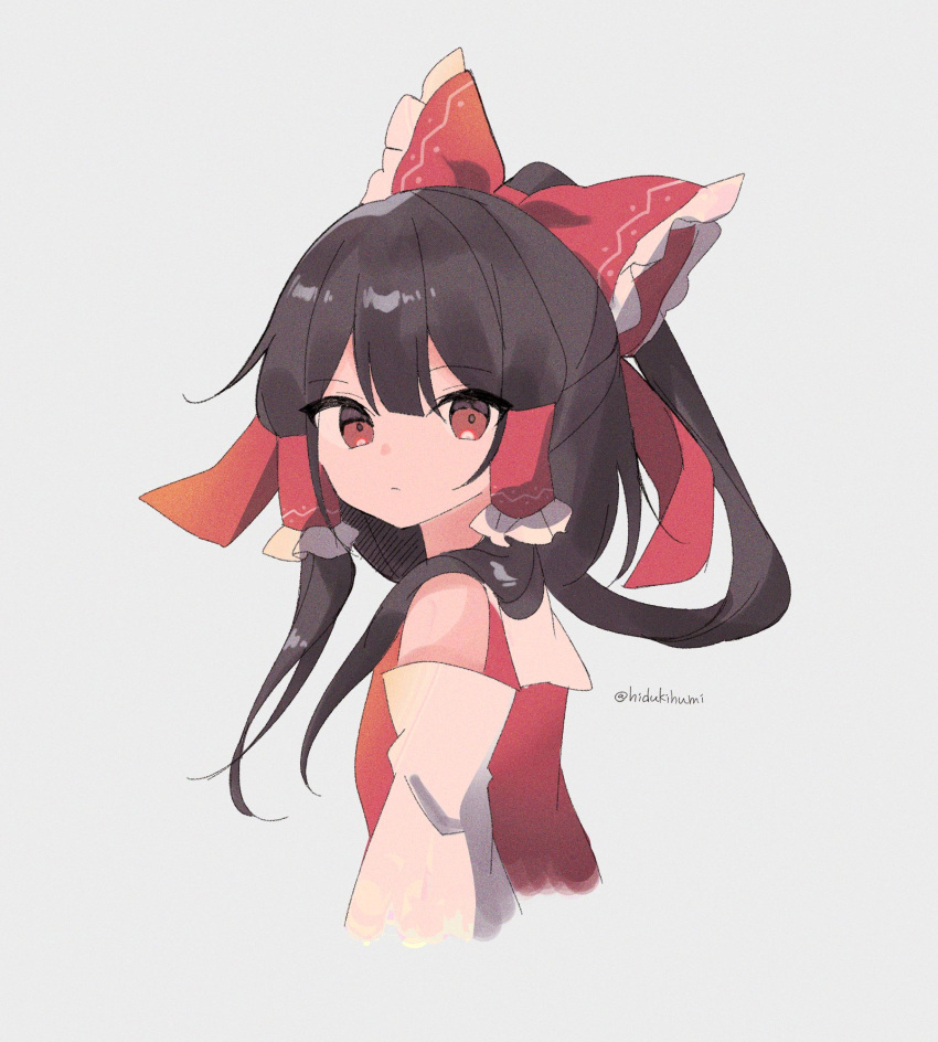 1girl bow brown_hair collared_shirt detached_sleeves frilled_bow frilled_hair_tubes frills gradient gradient_background hair_bow hair_tubes hakurei_reimu hidukihumi highres long_hair looking_at_viewer ponytail red_bow red_eyes red_shirt shirt sidelocks simple_background sleeveless sleeveless_shirt solo touhou white_background white_sleeves