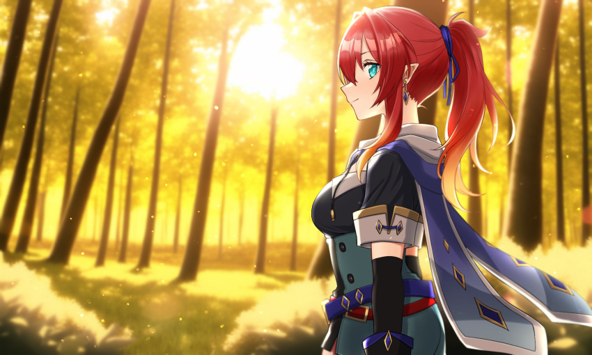 1girl belt blue_eyes blurry blurry_background day depth_of_field earrings elbow_gloves forest gloves gradient_hair highres jewelry long_hair minuma_h multicolored_hair nature outdoors pixiv_fantasia pixiv_fantasia_scepter_of_zeraldia pointy_ears ponytail profile red_hair redhead sidelocks smile solo standing sunlight