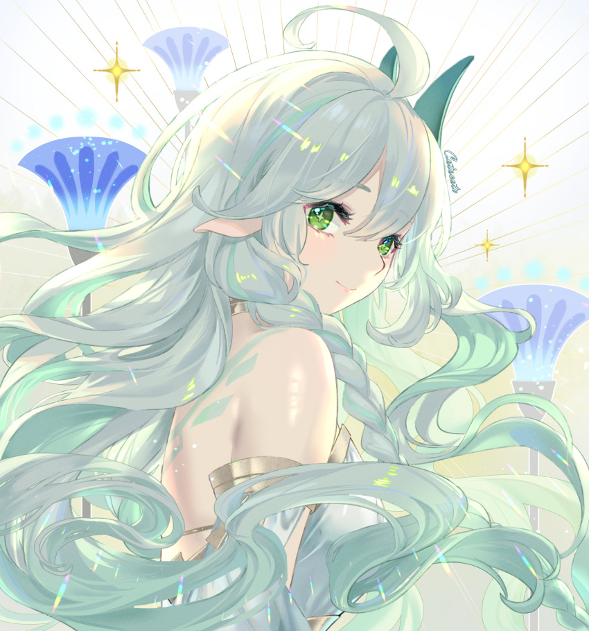 1girl ahoge back_tattoo bangs bare_shoulders braid breasts closed_mouth commentary_request cross-shaped_pupils dress genshin_impact green_eyes green_hair hair_ornament highres kotosuzu long_hair looking_at_viewer medium_breasts pointy_ears rukkhadevata_(genshin_impact) sidelocks signature smile solo sparkle star_(symbol) tattoo upper_body white_dress wings